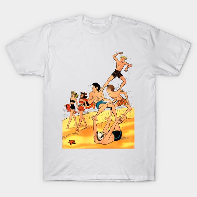 sporty boys playing on the beach by the sea see two beautiful pin up girls T-Shirt by REVISTANGO